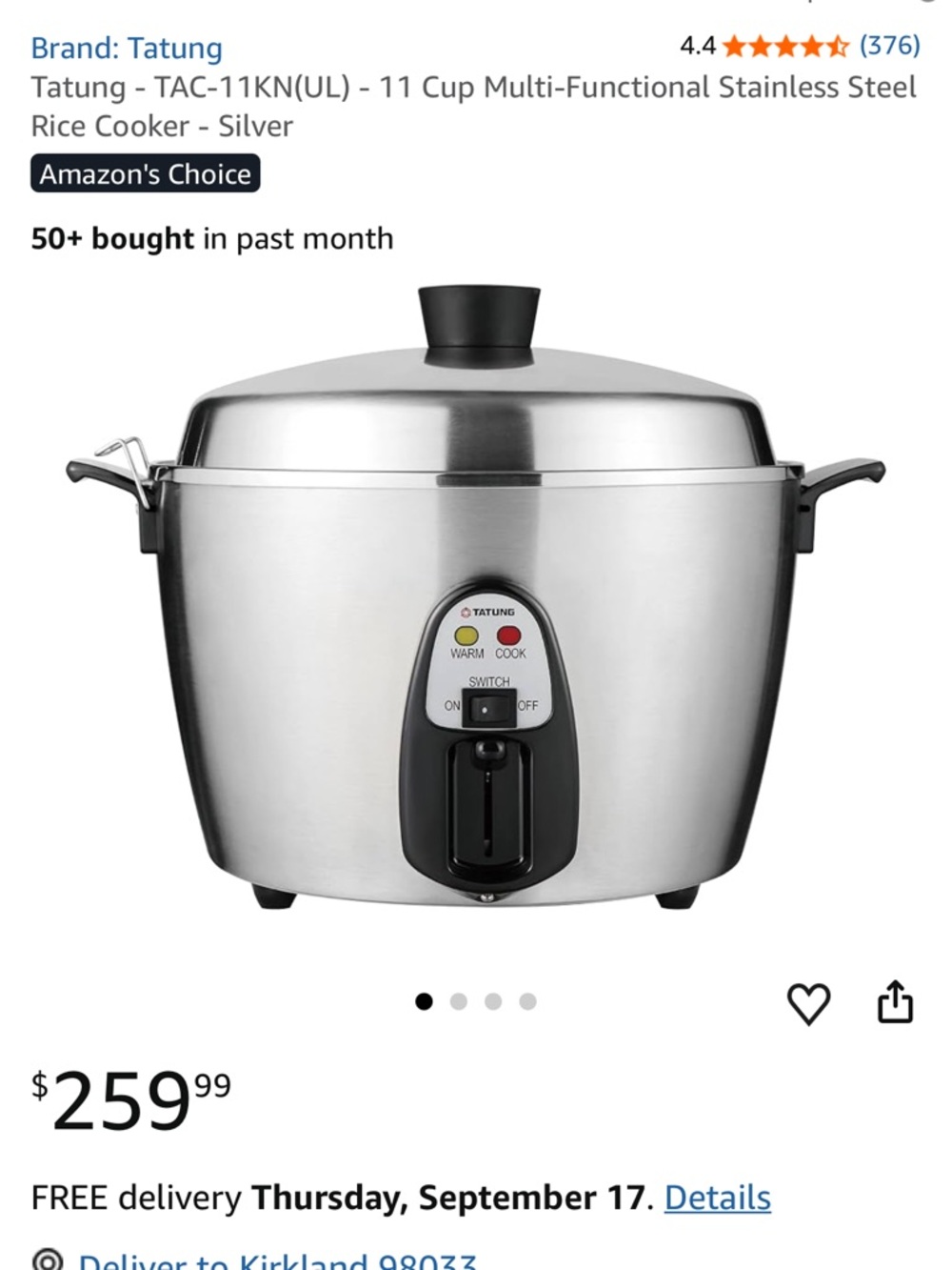 Tatung 11 cups Stainless Steel big Rice Cooker - Silver